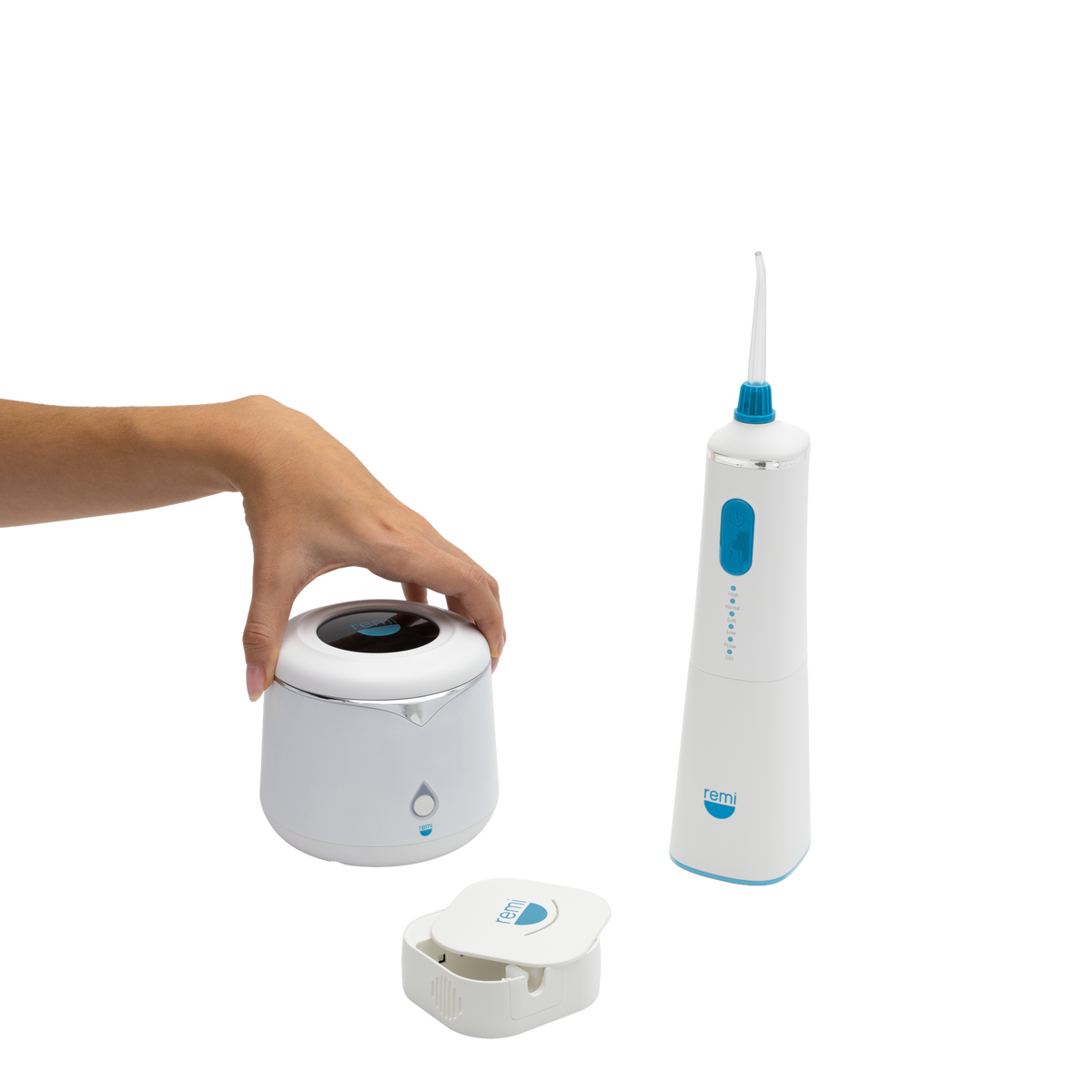 Remi Wellness water flosser and ultrasonic cleaner in use